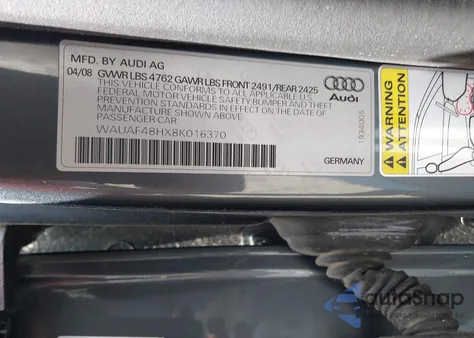 2008 Audi A4 2.0T из США, поврежденный, VIN WAUAF48HX8K016370